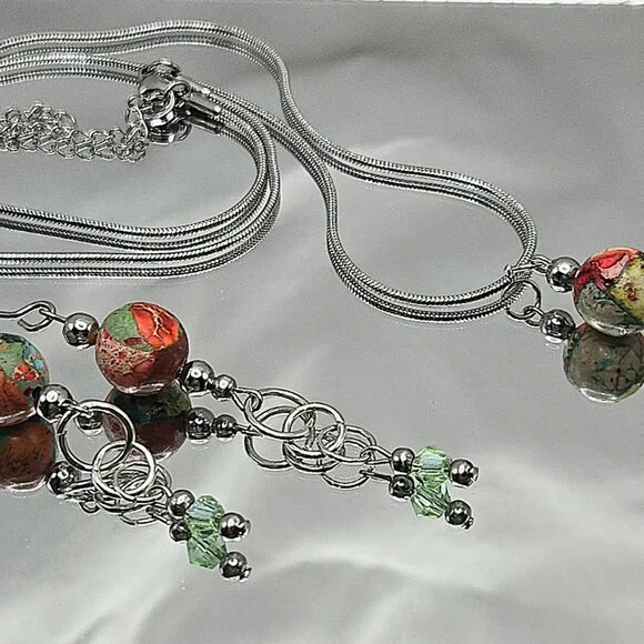 Stainless Steel Imperial Jasper and Crstal Necklace and Earimgs Set - Picture 6 of 9